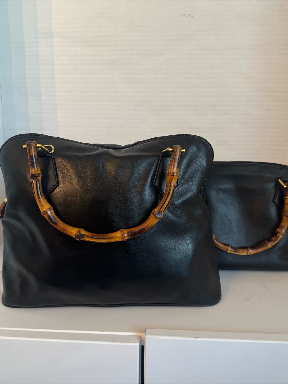 Large Authentic Gucci Black leather bamboo handle bag purse satchel - Picture 4 of 17